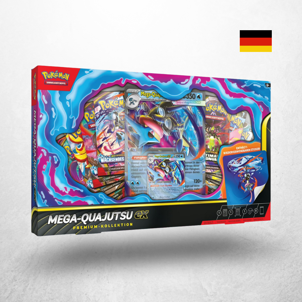 Pokémon Kollektion Mega Quajutsu ex auf Deutsch mit Promokarte, Boosterpacks, übergroßer Karte und Sammlerzubehör.