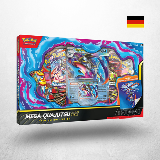 Pokémon Kollektion Mega Quajutsu ex auf Deutsch mit Promokarte, Boosterpacks, übergroßer Karte und Sammlerzubehör.