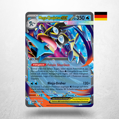 Pokémon Kollektion Mega Quajutsu ex Promokarte auf Deutsch mit Mega-Quajutsu-ex als holografischer Promokarte.