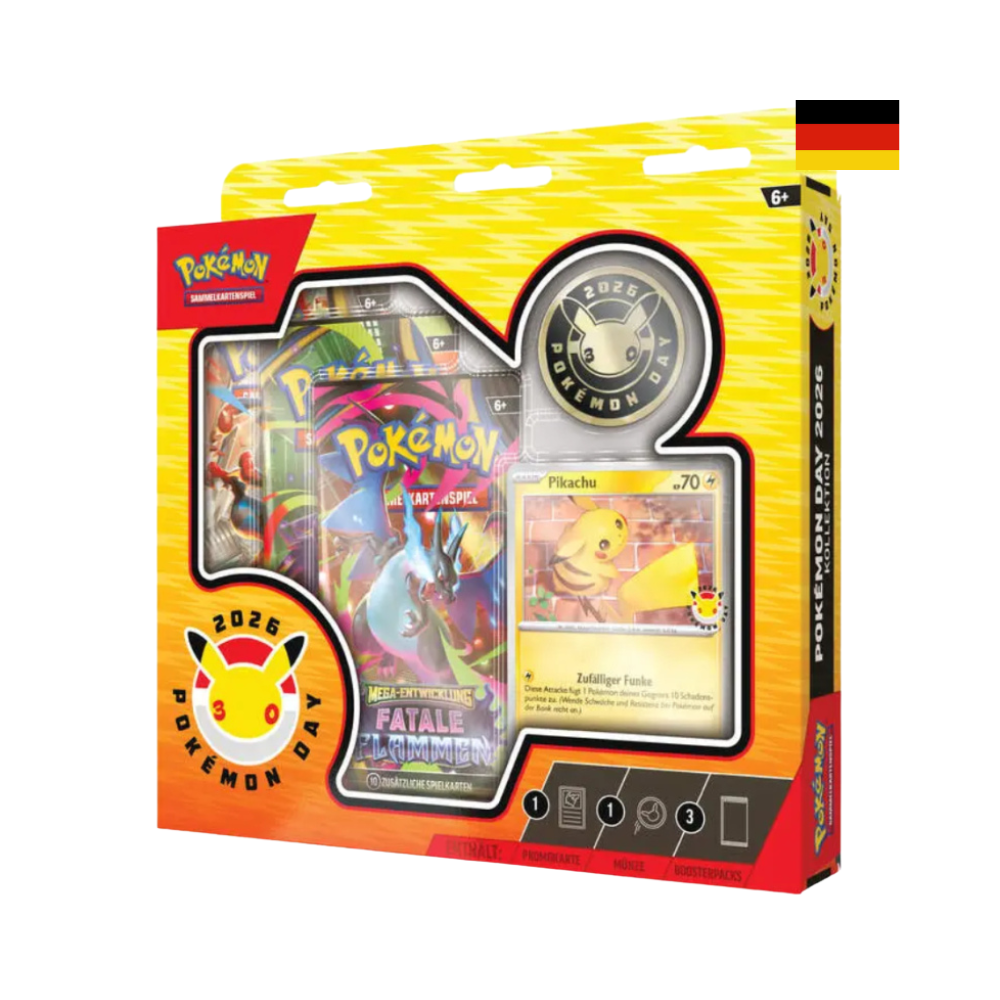 Pokémon Day 2026 Kollektion mit Pikachu Promokarte, Jubiläums-Münze zum 30. Geburtstag und drei Pokémon Boostern, deutsch