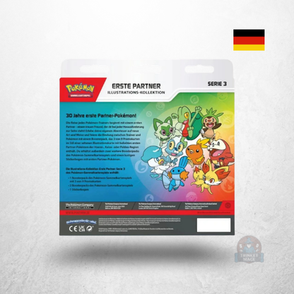 Rückseite der Pokémon Erste Partner Illustrations-Kollektion Series 3 mit Produktinformationen und Abbildungen der Starter-Pokémon.