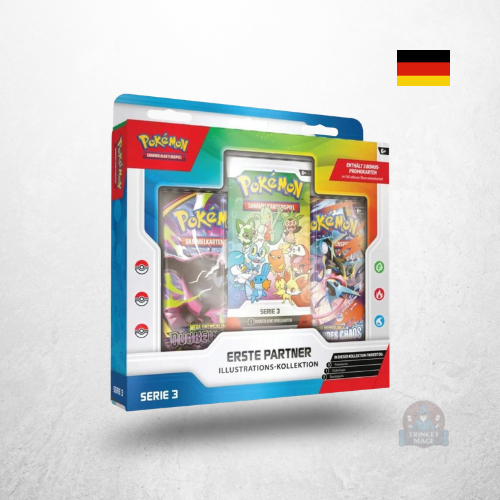 Pokémon Erste Partner Illustrations-Kollektion Series 3 Verpackung mit drei Boosterpacks und Stickerbogen.
