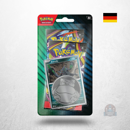 Pokémon Mega Entwicklung 2-Pack Blister Zarude mit zwei Boosterpacks, Zarude-Promokarte und Sammlermünze.