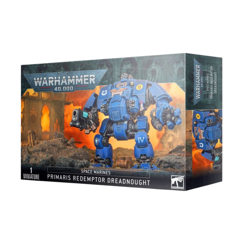 Warhammer 40k Space Marines Primaris Redemptor Dreadnought Box. Miniatur mit Gatlingkanone und Raketenwerfer in blauer Servorüstung