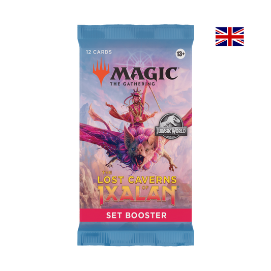 Magic The Gathering Lost Caverns of Ixalan Set Booster – englisches Boosterpack mit 12 Karten und Jurassic World Bonuskarte.