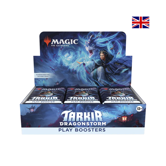 Magic: The Gathering Play Booster Display Tarkir Dragonstorm mit englischen Play Boostern und Drachen-Artwork, MTG Booster Box