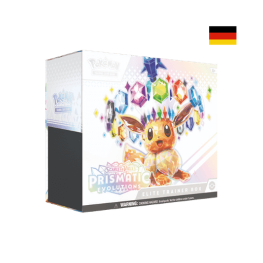 Pokémon Prismatic Evolutions Elite Trainer Box mit schillerndem Evoli-Design und Edelstein-Motiv.