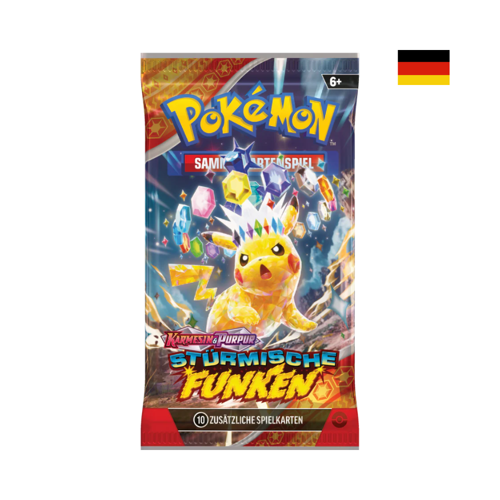 Pokemon Stürmische Funken Boosterpack deutsch mit Pikachu-Motiv. Zeigt das Booster aus der Karmesin & Purpur Serie. Ideal für Sammler und Spieler, die neue Pokémon Karten suchen.