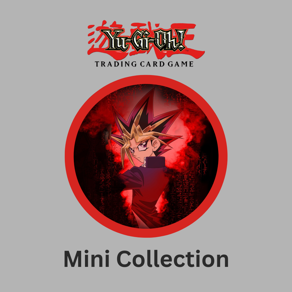 YuGiOh Lot Mini Collection mit zufälliger Auswahl von 100 Karten und Motiv von Yami Yugi auf grauem Hintergrund.