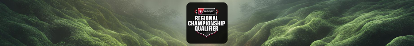 Magic: The Gathering RCQ Banner mit Championship-Wappen auf moosigem Fantasy-Hintergrund – offizielles Turnier zur Qualifikation für regionale Meisterschaften.