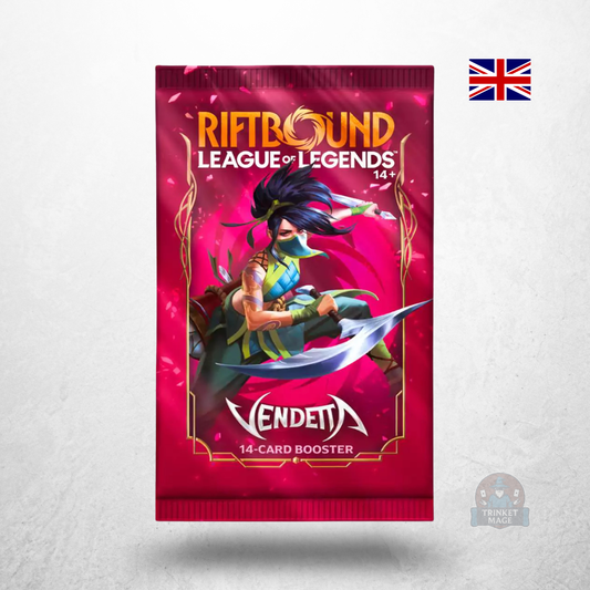 Riftbound: League of Legends – Vendetta Booster in englischer Sprache mit Boosterpackung auf weißem Hintergrund.
