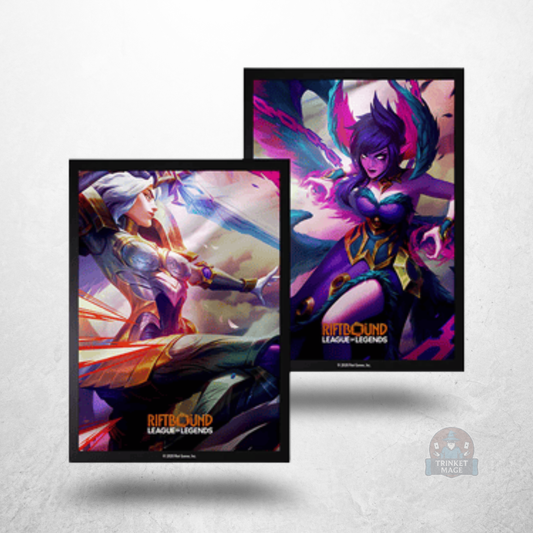 Riftbound: League of Legends – Vendetta Kayle vs Morgana Sleeves mit zwei illustrierten Kartenhüllen im Charakterdesign.