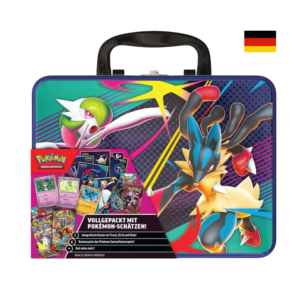 Pokemon Sammelkoffer 2025 Mega Entwicklung mit Lucario und Guardevoir Motiv. Metallkoffer mit Boostern, Holo-Karten, Mini-Album und Zubehör. Deutsches Produktbild für Pokemon TCG Fans.