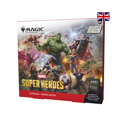 Magic: The Gathering Marvel Super Heroes Heroes United Scene Box mit Avengers und Marvel Helden Artwork auf der Vorderseite