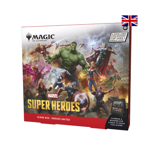 Magic: The Gathering Marvel Super Heroes Heroes United Scene Box mit Avengers und Marvel Helden Artwork auf der Vorderseite