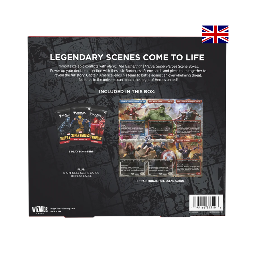 Rückseite der Magic: The Gathering Marvel Super Heroes Heroes United Scene Box mit enthaltenen Karten und Play Boostern