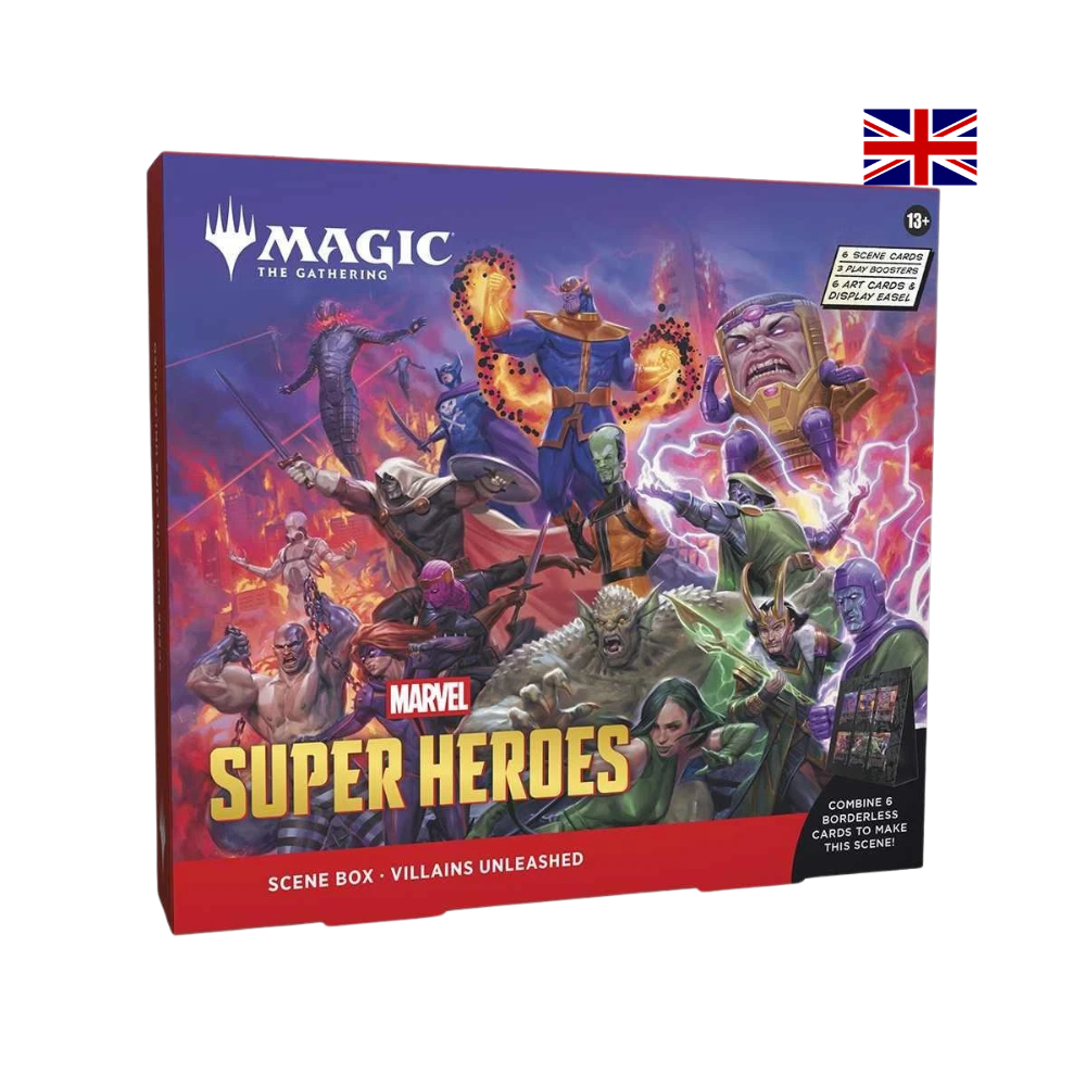Magic: The Gathering Marvel Super Heroes Villains Unleashed Scene Box mit Marvel Schurken und Comic-Artwork auf der Vorderseite