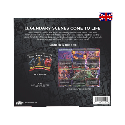 Rückseite der Magic: The Gathering Marvel Super Heroes Villains Unleashed Scene Box mit enthaltenen Karten und Play Boostern