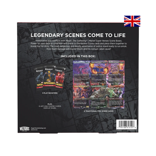 Rückseite der Magic: The Gathering Marvel Super Heroes Villains Unleashed Scene Box mit enthaltenen Karten und Play Boostern