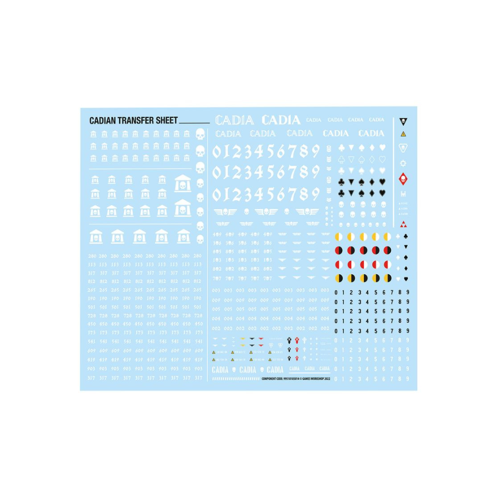 Cadian Transfer Sheet mit Astra Militarum Abziehbildern für Warhammer 40.000 Miniaturen und Kill Team