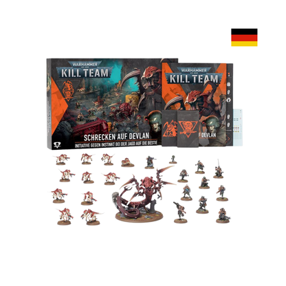 Inhalt von Kill Team Schrecken auf Devlan mit Miniaturen, Tyraniden, Veteranen und Missionszubehör