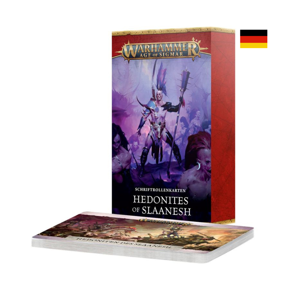Warhammer Age of Sigmar Schriftrollenkarten: Hedonites of Slaanesh (83-71) mit Kartenstapel und Verpackung.