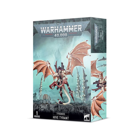 Warhammer 40.000 Tyranids Hive Tyrant Miniatur Set Box mit geflügeltem Schwarmtyrant Modell Verpackung frontal