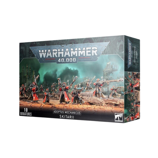 Warhammer 40k Miniaturen Adeptus Mechanicus Skitarii Set Box Art mit 10 Figuren und roter Rüstungseinheit