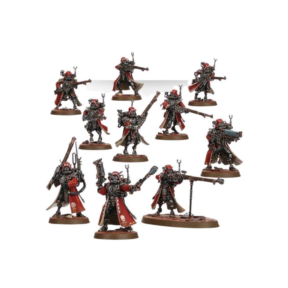 Warhammer 40k Skitarii Modelle Adeptus Mechanicus Einheit mit 10 Miniaturen in roter Rüstung und verschiedenen Waffen