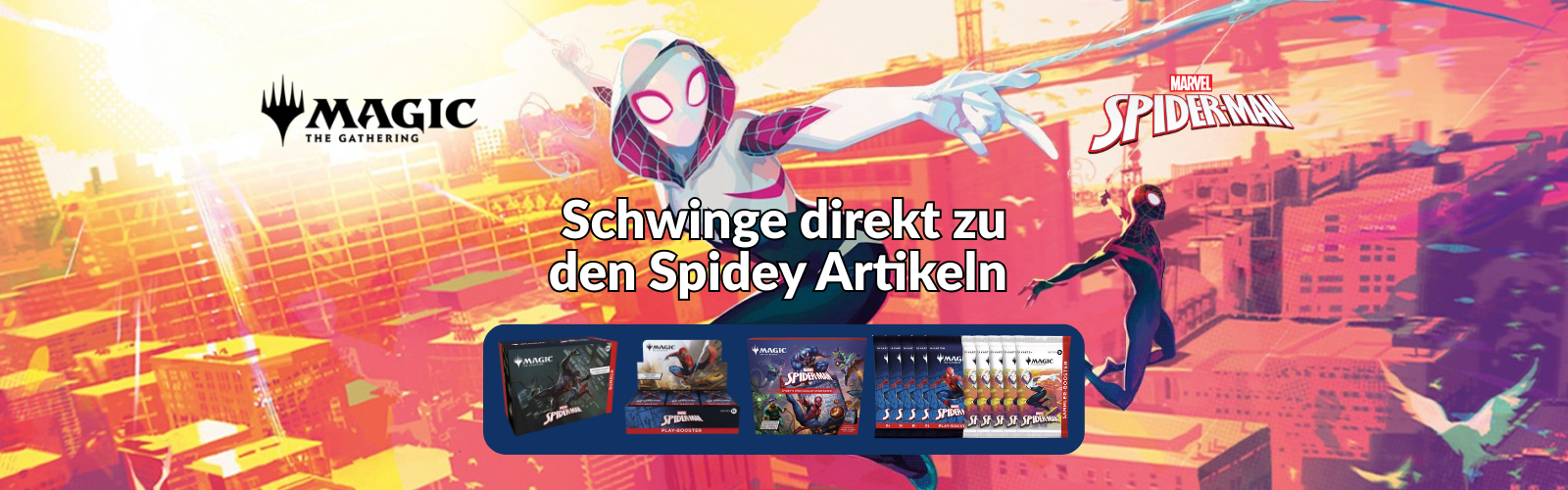 „Magic: The Gathering x Marvel Spider-Man – Produkte aus dem neuen Crossover-Set mit Spider-Gwen und Spidey im Vordergrund, inklusive Play-Booster, Bundle und Collector Packs, jetzt vorbestellen.“