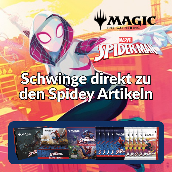 Magic: The Gathering x Marvel Spider-Man – Produkte aus dem neuen Crossover-Set mit Spider-Gwen und Spidey im Vordergrund, inklusive Play-Booster, Bundle und Collector Packs, jetzt vorbestellen.