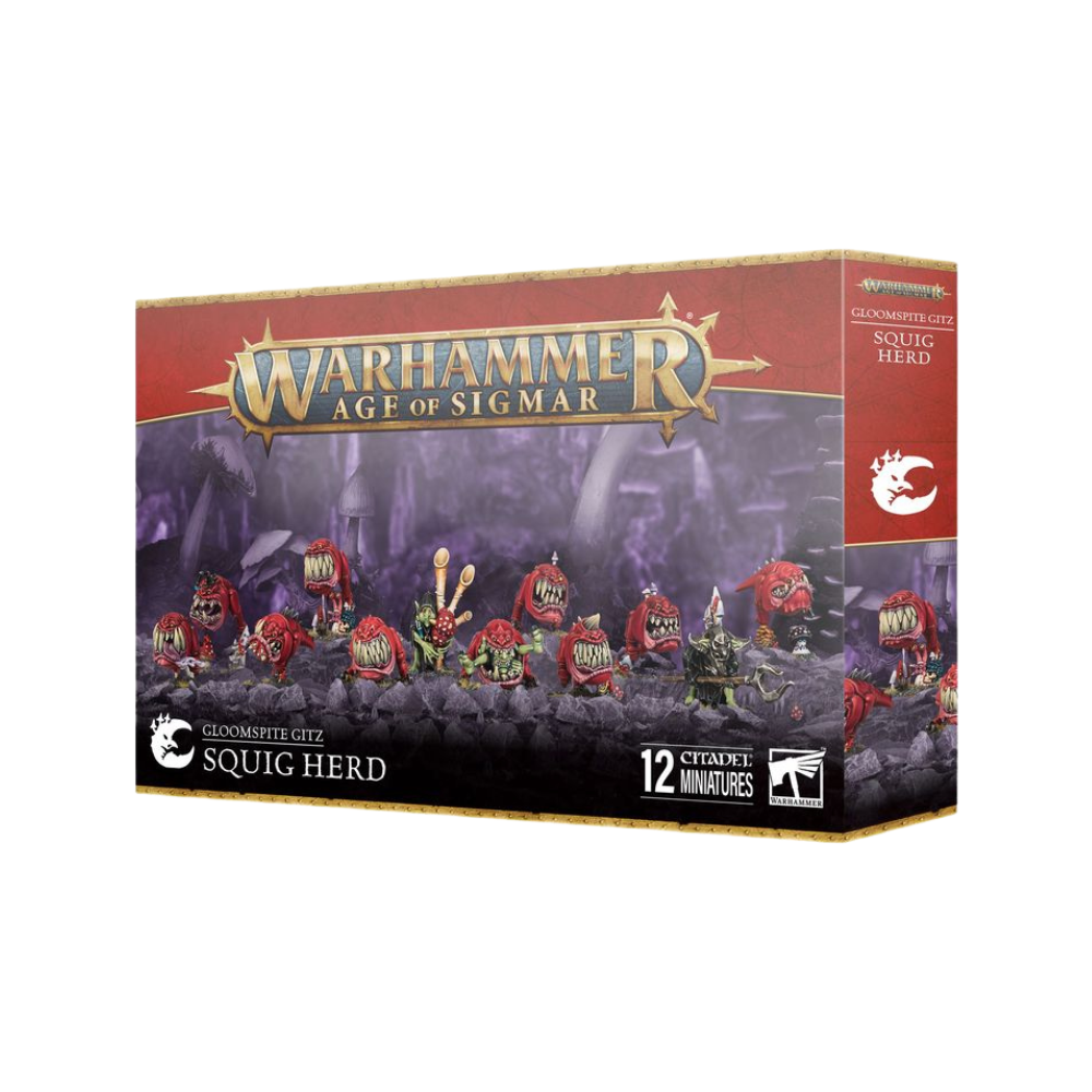 Warhammer Age of Sigmar Squig Herd Box, Gloomspite Gitz Miniaturen mit roten Squigs und Goblins, 12 Citadel Modelle
