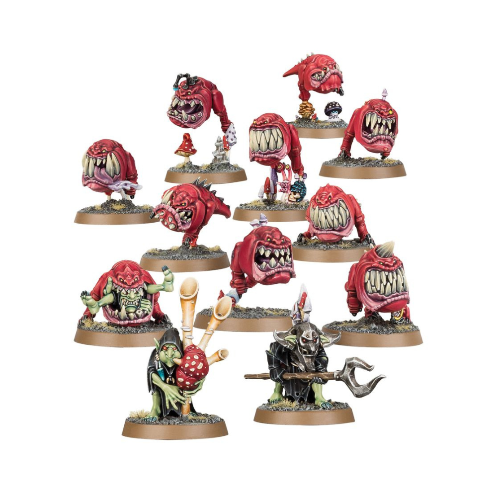 Warhammer Age of Sigmar Squig Herd, Gloomspite Gitz Miniaturen mit roten Squigs und Goblins, 12 Citadel Modelle
