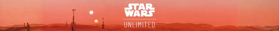 Star Wars Unlimited Banner mit Tatooine-Landschaft bei Sonnenuntergang und zwei Monden