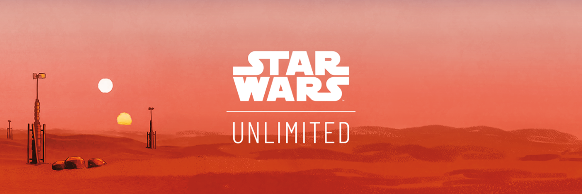 Star Wars Unlimited Banner mit Tatooine-Landschaft bei Sonnenuntergang und zwei Monden