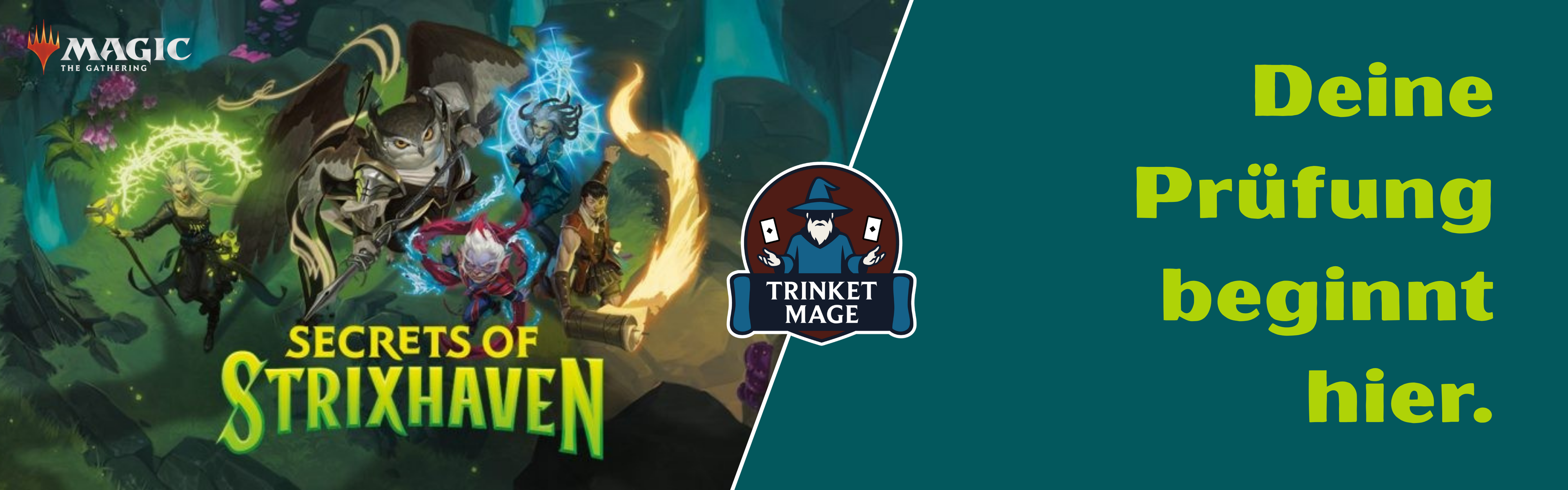 Magic The Gathering Banner Geheimnisse von Strixhaven mit Trinket Mage Logo und Text Deine Prüfung beginnt hier für Booster Sets und Zubehör