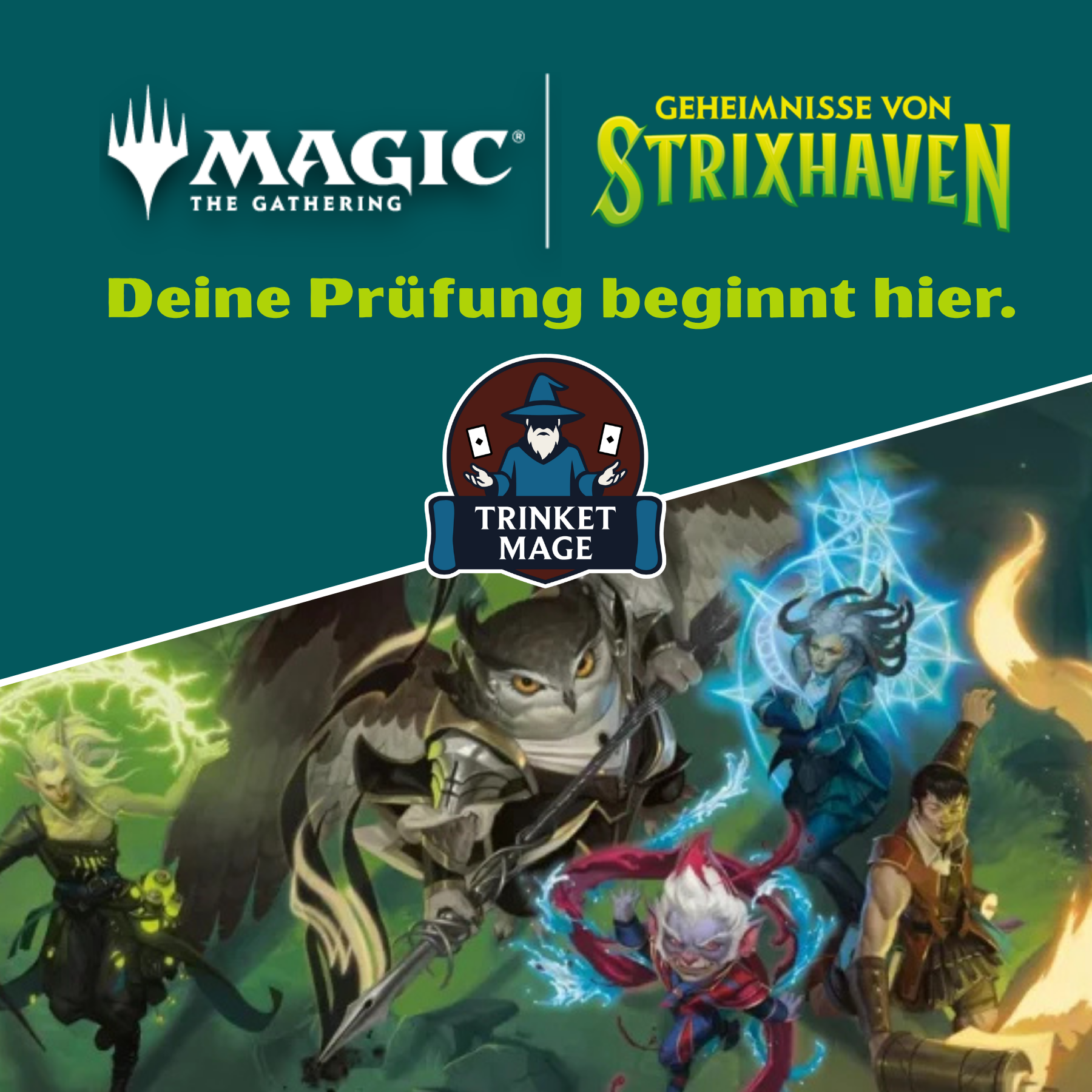 Magic The Gathering Banner Geheimnisse von Strixhaven mit Trinket Mage Logo und Text Deine Prüfung beginnt hier für Booster Sets und Zubehör