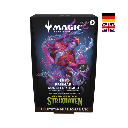 Magic The Gathering Commander Deck Prismari Kunstfertigkeit Geheimnisse von Strixhaven Deutsch oder Englisch mit Elementar Magier Artwork und vorgefertigtem Deck