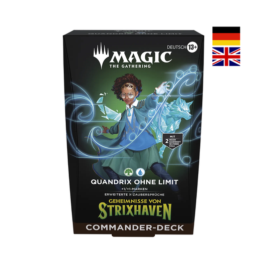 Magic The Gathering Commander Deck Quandrix ohne Limit Geheimnisse von Strixhaven Deutsch oder Englisch mit Magierin und Elementar Kreatur Artwork vorgefertigtes Deck