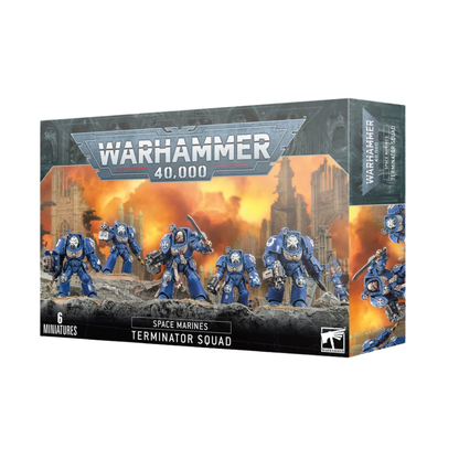 Warhammer 40k Terminatortrupp Space Marines Miniaturen Box und bemalte Terminator Modelle mit schweren Waffen und Sturmboltern