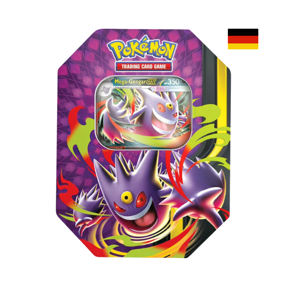 Pokémon Mega Mondschein Tin-Box Mega-Gengar-ex auf Deutsch mit Promokarte Mega-Gengar-ex, Sammlerbox und Boosterpacks des Pokémon TCG