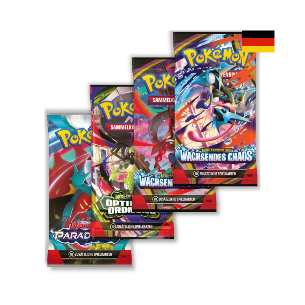Boosterpacks aus dem Pokémon TCG mit Erweiterungen wie Wachsendes Chaos, Optimale Ordnung und Karmesin & Purpur
