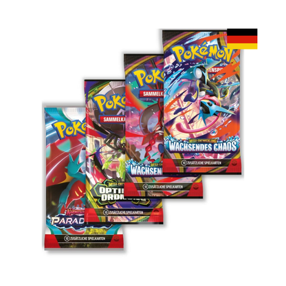 Boosterpacks aus dem Pokémon TCG mit Erweiterungen wie Wachsendes Chaos, Optimale Ordnung und Karmesin & Purpur