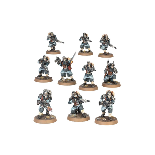 Warhammer 40k Death Korps of Krieg Miniaturen bemalt mit Gewehren und Ausrüstung auf Rundbases für Tabletop Armee