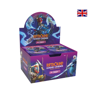 Riftbound League of Legends Unleashed Booster Display in englischer Sprache mit Champions auf der Verpackung