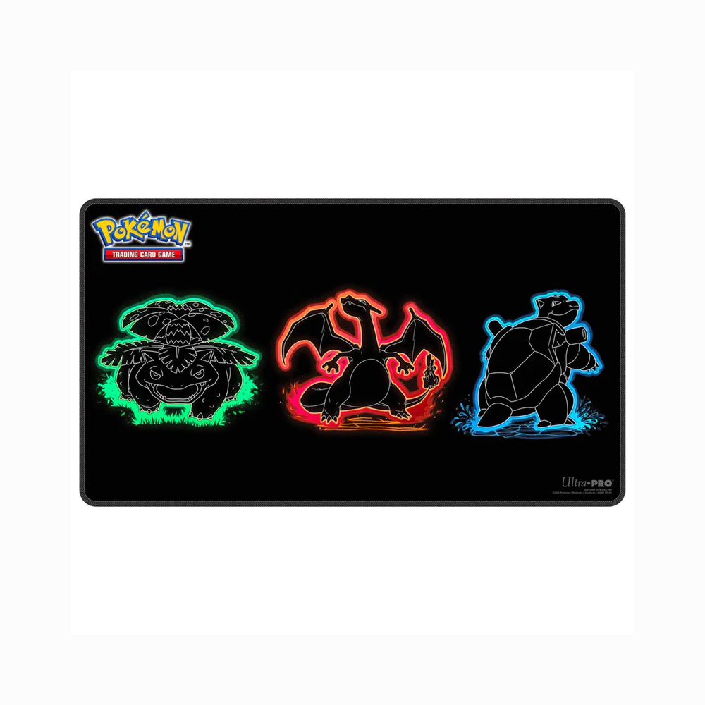 Pokémon Spielmatte mit Glurak, Bisaflor und Turtok Neon-Motiv, rechteckige Trading Card Game Playmat von Ultra Pro