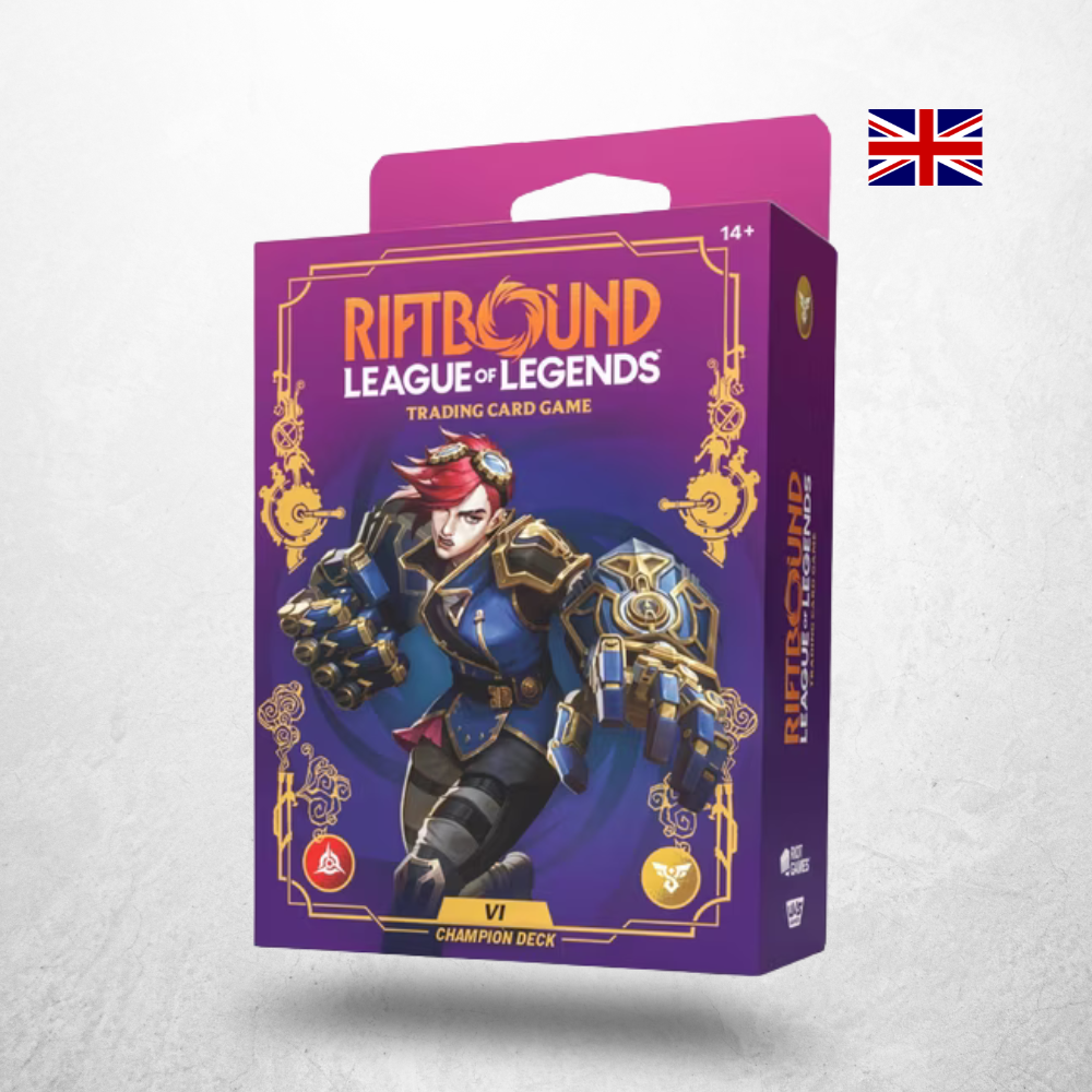 Riftbound Unleashed Champion Deck „Vi“ in englischer Sprache mit vorgefertigtem Deck und offizieller League of Legends Gestaltung.