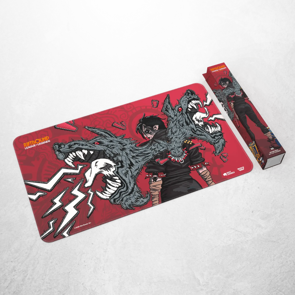 Riftbound Unleashed Playmat „Vi, Piltover Enforcer“ mit Verpackung und Spielmatte im offiziellen League of Legends Design.