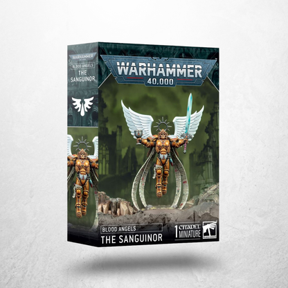 Warhammer 40.000 Blood Angels Der Sanguinor Miniatur auf Produktverpackung mit geflügeltem Helden der Blood Angels