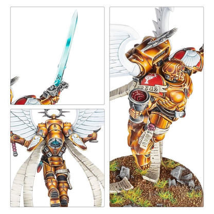 Warhammer 40.000 Blood Angels Der Sanguinor Detailansichten der Miniatur mit Flügeln, Energieschwert und Verzierungen der Rüstung
